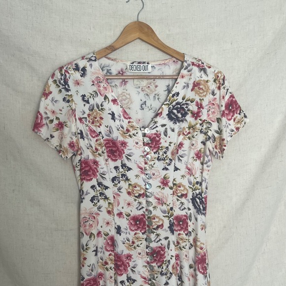 Vintage Decked Out Floral Midi Dress Cottagecore Button Front Women's Size 7/8 - Picture 3 of 9